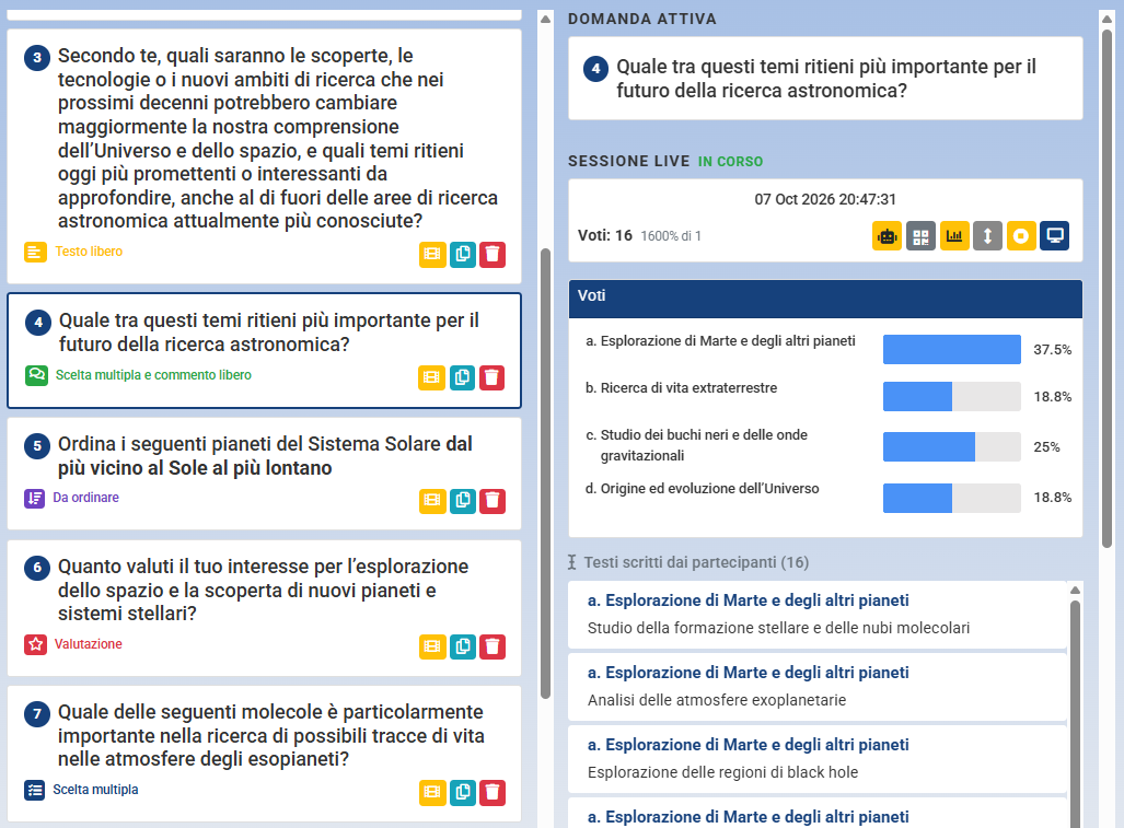La schermata Domande nell'area di gestione, con l'elenco dei tipi di domanda e il pulsante di esportazione in Excel