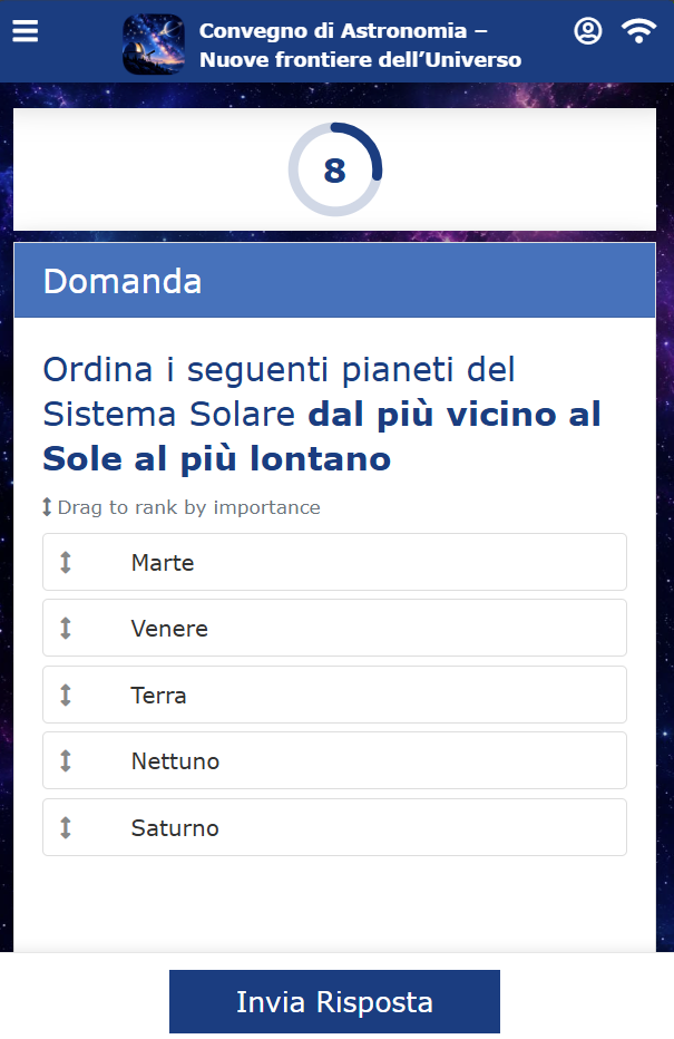 Una domanda a tempo sul telefono: i pianeti da mettere in ordine, con il conto alla rovescia